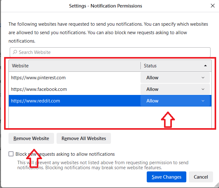 Remove listed site who sending fake notification